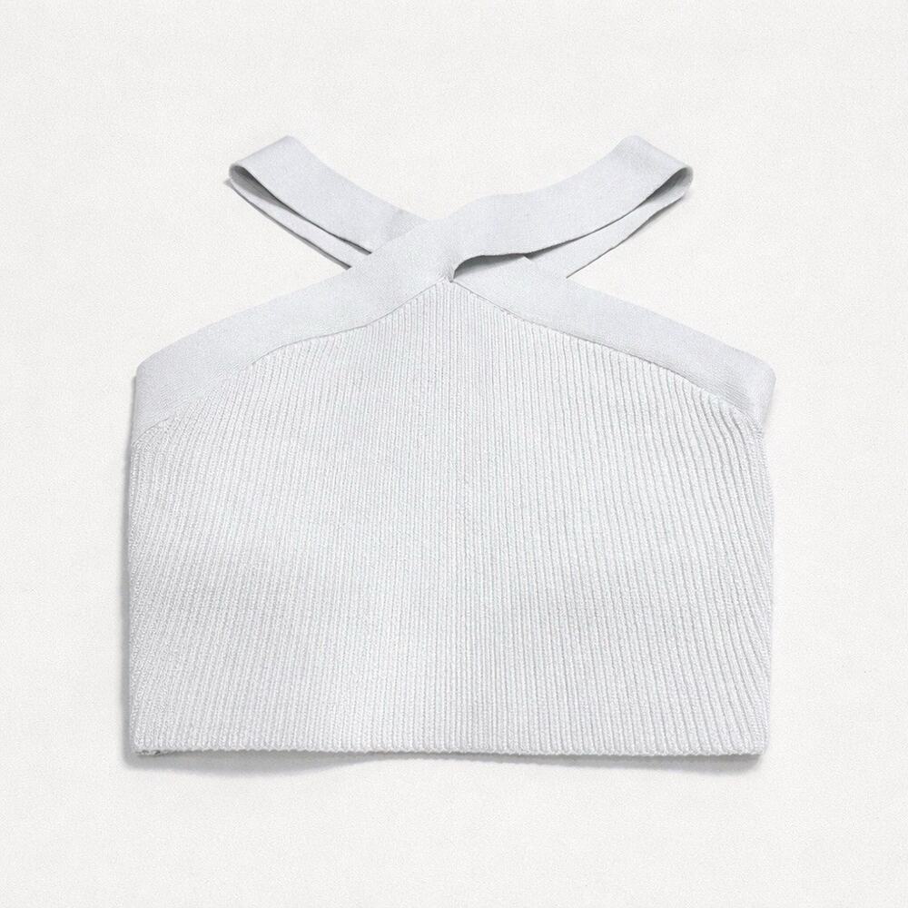 Aritzia Babaton Sculpt Knit Ribbed Crisscross Halter Crop Top Beige Size XS - Picture 3 of 10